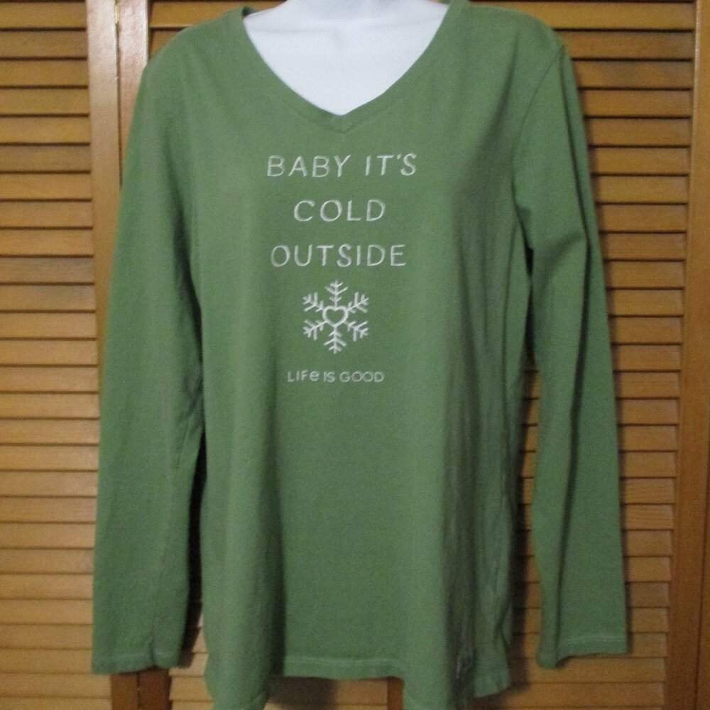 Life Is Good top, long sleeve sage green, V neck soft cotton & stretchy size L